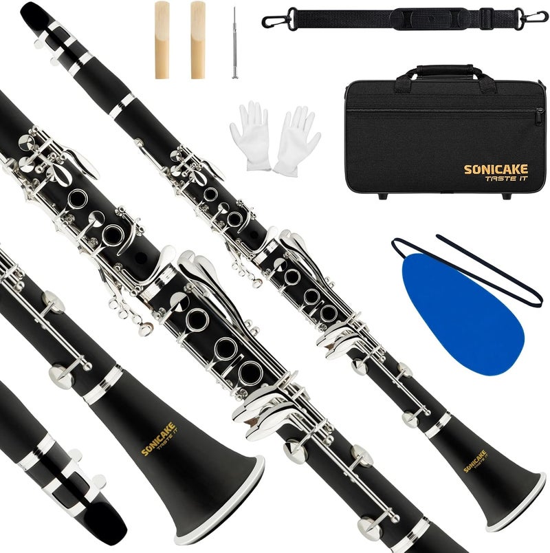 SONICAKE B Flat Clarinet for Intermediate Beginners & Student, Upgraded Ebonite Bb Clarinet Silver-plated with 2 Barrels, 4C Mouthpiece, Hard Case, Cleaning Kit, Black, QCR-11 - Image 1